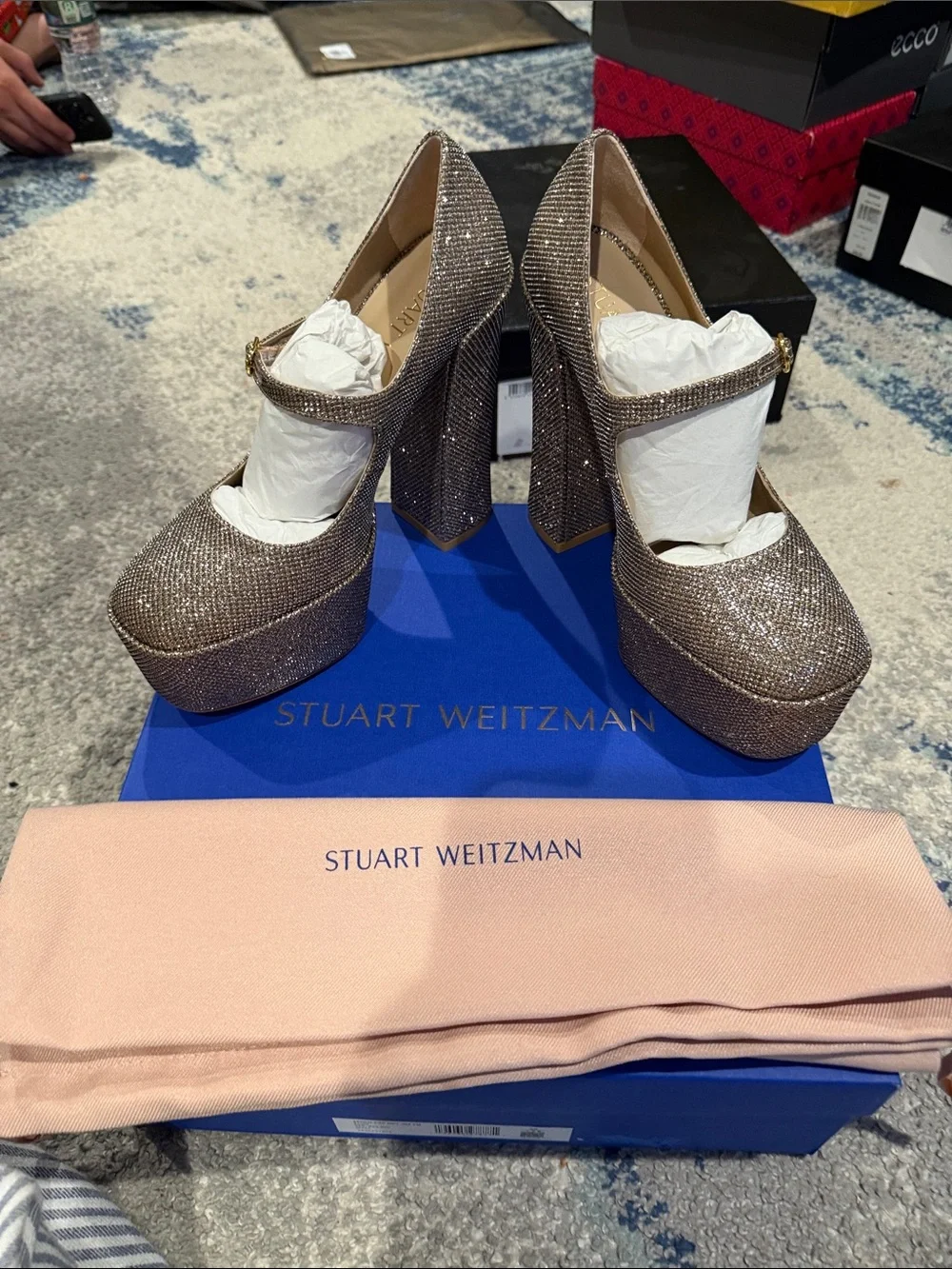 Stuart Weitzman Glittery Taupe Platform Mary Jane Pumps size 7.5